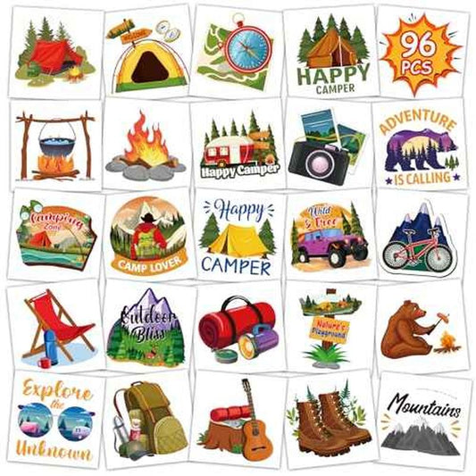 Konsait 96Pcs Camping Temporary Tattoos, Pre-Cut Camping Party Decorations Tattoos Stickers Campings Party Favors, Camp Gifts Camping Fun Stuff Accessories Party Ideas