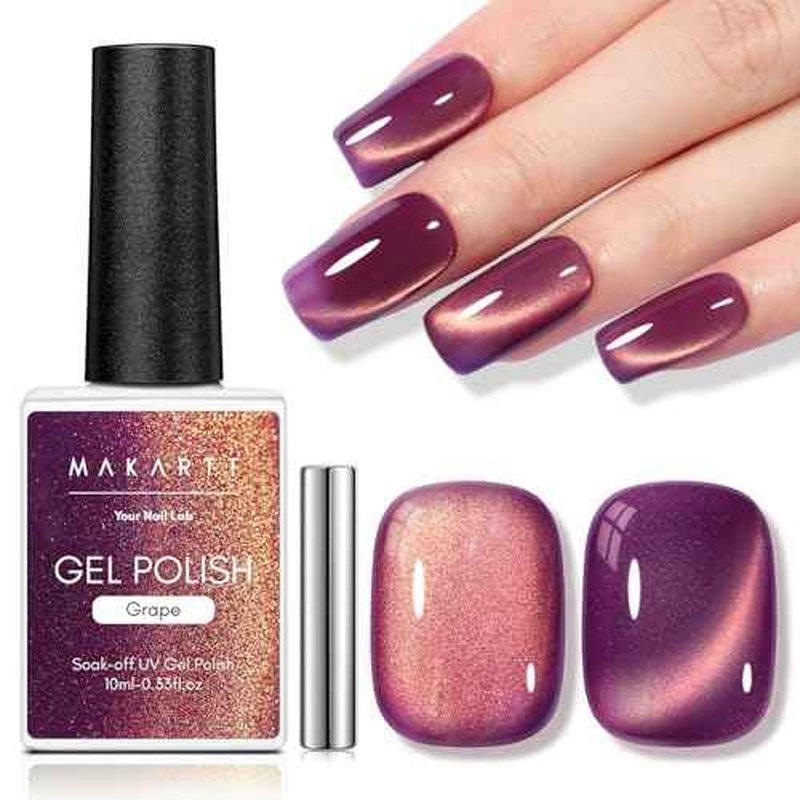 Makartt Purple Cat Eye Gel Nail Polish - 10ml Magnetic Elegant Holographic Glitter Gel Polish with Magnet Stick, Long-Lasting, UV/LED Soak Off Home DIY Manicure - Grape