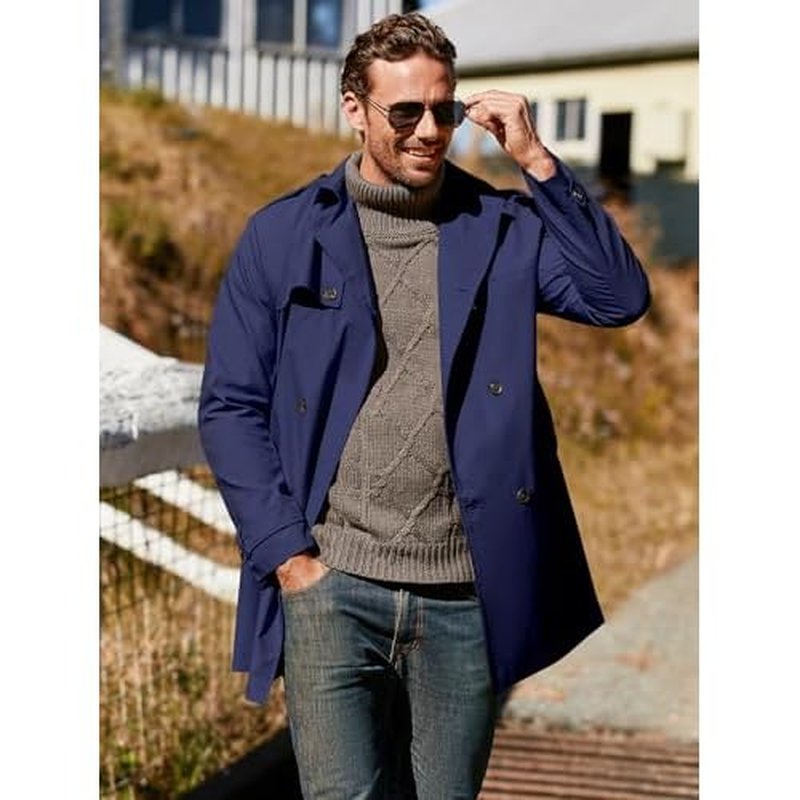 Pretifeel Mens Trench Coat Slim Fit Double Breasted Long Jacket Notched Lapel Belt Fall Windproof Coat