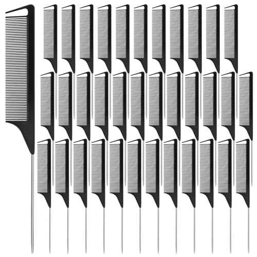 NICEMOVIC 36 Pack Rat Tail Parting Rattail Braiding Combs Bulk for Women, Parting Combs for Braiding Hair, Individually Wrapped Braider Essentials Barber Supplies Accessories Tools (Black)