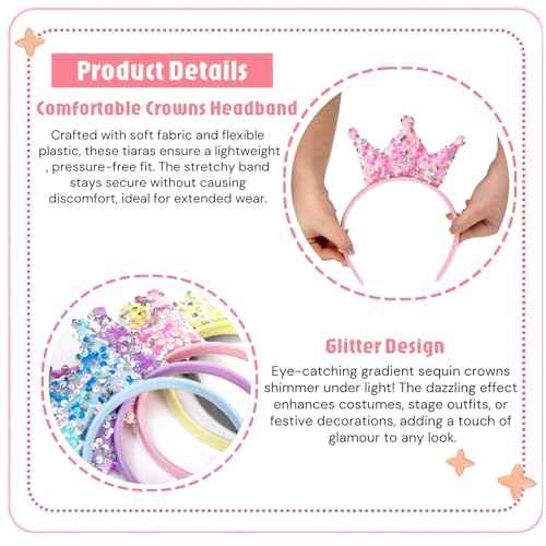 12 Pack Princess Crown Headband, Glitter Sequin Crown Headband, Shiny Tiaras and Crowns Hair Accessories for Birthday Party, Proms, Gifts