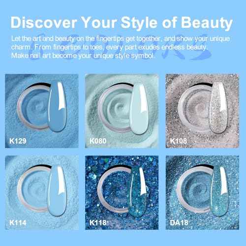 12 Pcs Dip Powder Nail Kit Starter, 6 Colors Glitter Blue Snow Dipping Powder Kit With Base & Top Coat/Activator/Brush Saver, Nail Art Manicure Salon DIY for Daily at Home Party Gifts for Women