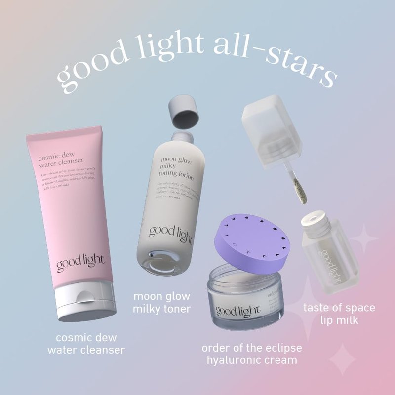 good light All-Stars Kit. An Otherworldly Korean Skincare Set With Our Top-Rated Cleanser, Toner, Moisturizer & Lip Milk. Use As Daily Skincare Routine, Gift Set, Beauty Essentials For Celestial Glow.