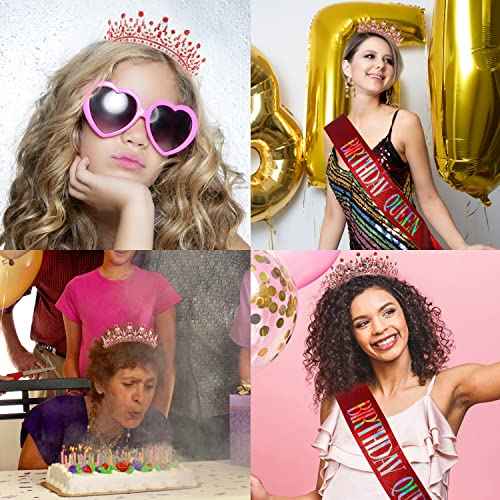 SuPoo Birthday Crown & Sash - Glitter Red Birthday Queen Crown with Comb & Tiara for Women - Crystal Headband Princess Decorations