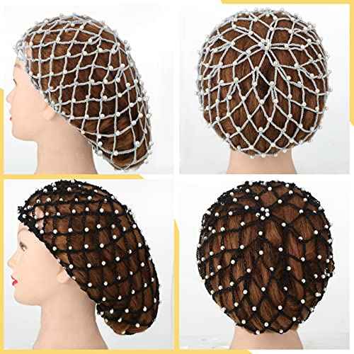 MTLEE 4 Pieces Snoods for Women Hair Net Pearl Crochet Mesh Hairnet Mesh Rayon Knit Hair Wrap Cover for Sleeping