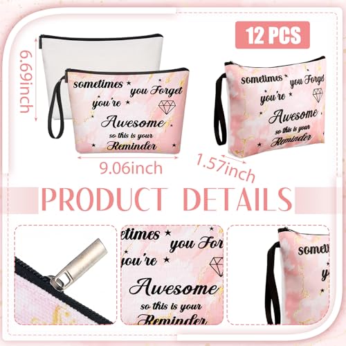 Xuniea 24 Pcs Inspirational Gifts for Women Bulk 12 Motivation Canvas Makeup Bags 12 Round Portable Pocket Mirror for Team Employee Coworker Housekeeping Appreciation Thank You Gifts(Awesome)