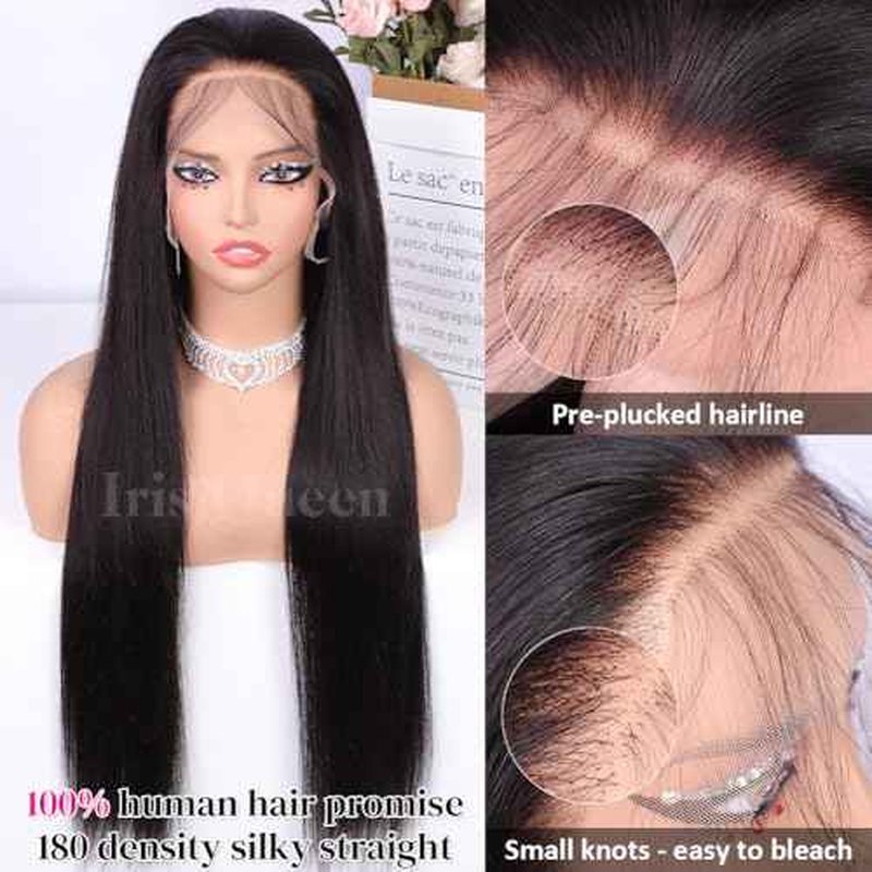 Iris Queen 12A Straight HD Transparent Lace Front Wigs Human Hair Pre Plucked 180 Density Virgin Human Hair 13x4 Full Lace Frontal Wigs for Black Women Natural Black(24 inch)