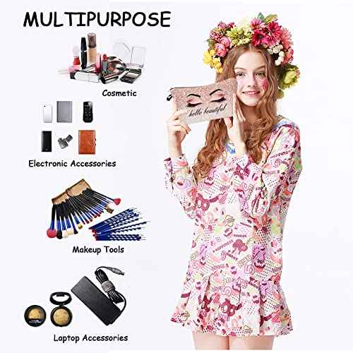 Hello Beautiful Makeup Bag for Purse Eyelash Pink Cosmetic Bags for Women Inspirational Gift Small Funny Cosmetics Glitters Eyeshadows Travel Bag Cases for Toiletries Accessories Organizer