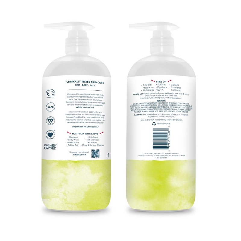 Kirk's Juniper & Lime 3-in-1 Nourishing Cleanser, Shampoo Body Wash Bubble Bath, Coconut Oil and Aloe Vera, Vegan Non-GMO, 32 Fl Oz, Pack of 2