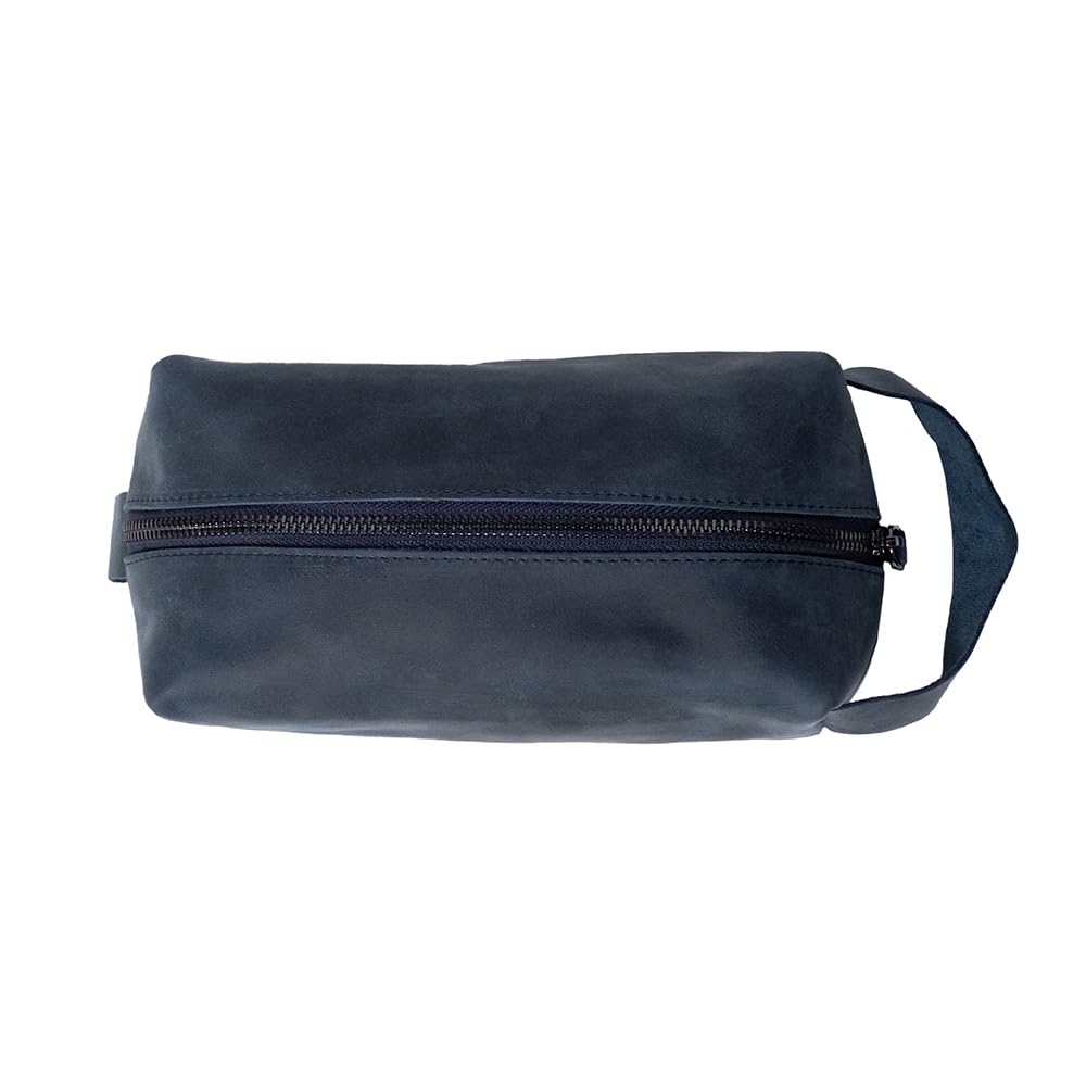 KAAL Crazy Horse Genuine Leather Toiletry Organizer Dopp Kit Shaving Bag for Accessories (Sax Blue, Large)