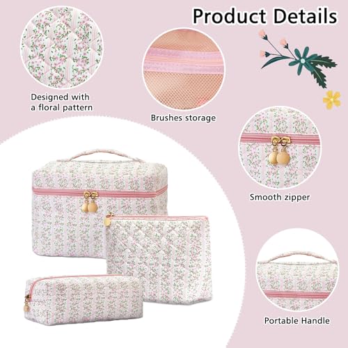 3Pcs Quilted Floral Makeup Bag Cosmetic Bag for Women Teen Girls,Cute Pink Make Up Bags,Aesthetic Large Cotton Cosmetic Pouch,Flower Coquette Travel Toiletry Organizer Storage Bag