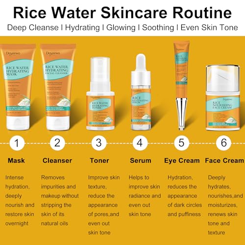 Skin Care Set,6Pcs Women Teen Glass Skincare w/Korean Rice Extract,Hydrate Glow Repair Anti-Aging Facial Routine Kit Gift for Women Mom Wife Teenage Girl Trendy Stuff Christmas Gifts Stocking Stuffers