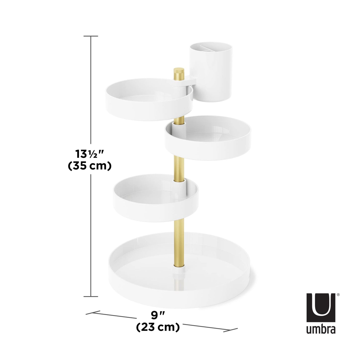 Umbra Pirouette Cosmetic Organizer, Large Capacity Makeup Storage with Adjustable Compartments, White/Brass