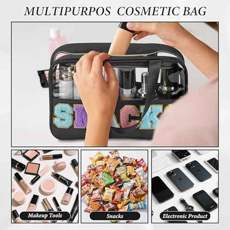 Snack Bag for Travel, Chenille Letter Clear Makeup Bag, 11.8" x 7.9" Nylon & PVC Waterproof Cosmetic Pouch with Handle and Zipper, Cute Preppy Storage Organizer Pouches for Women Girls (Black)
