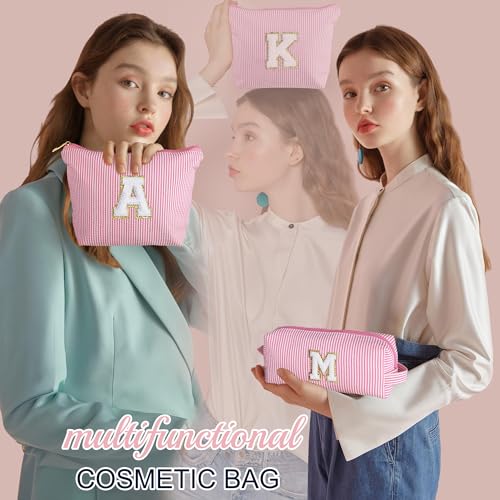 YOOLIFE Personalized Initial Makeup Bag for Women | Pink Cosmetic Travel Toiletry Bag | 11 12 13 14 15 16 Years Old Girl Gifts | Preppy Stuff Teen Girl Gift Trendy Stuff A