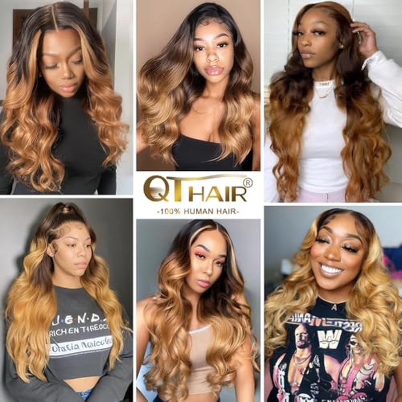 QTHAIR 16A Grade Ombre Body Wave Human Hair Bundles #1b/4/27 Color 24" 100g 100% Brazilian Body Wave Bundles Human Hair Extensions for Black Women