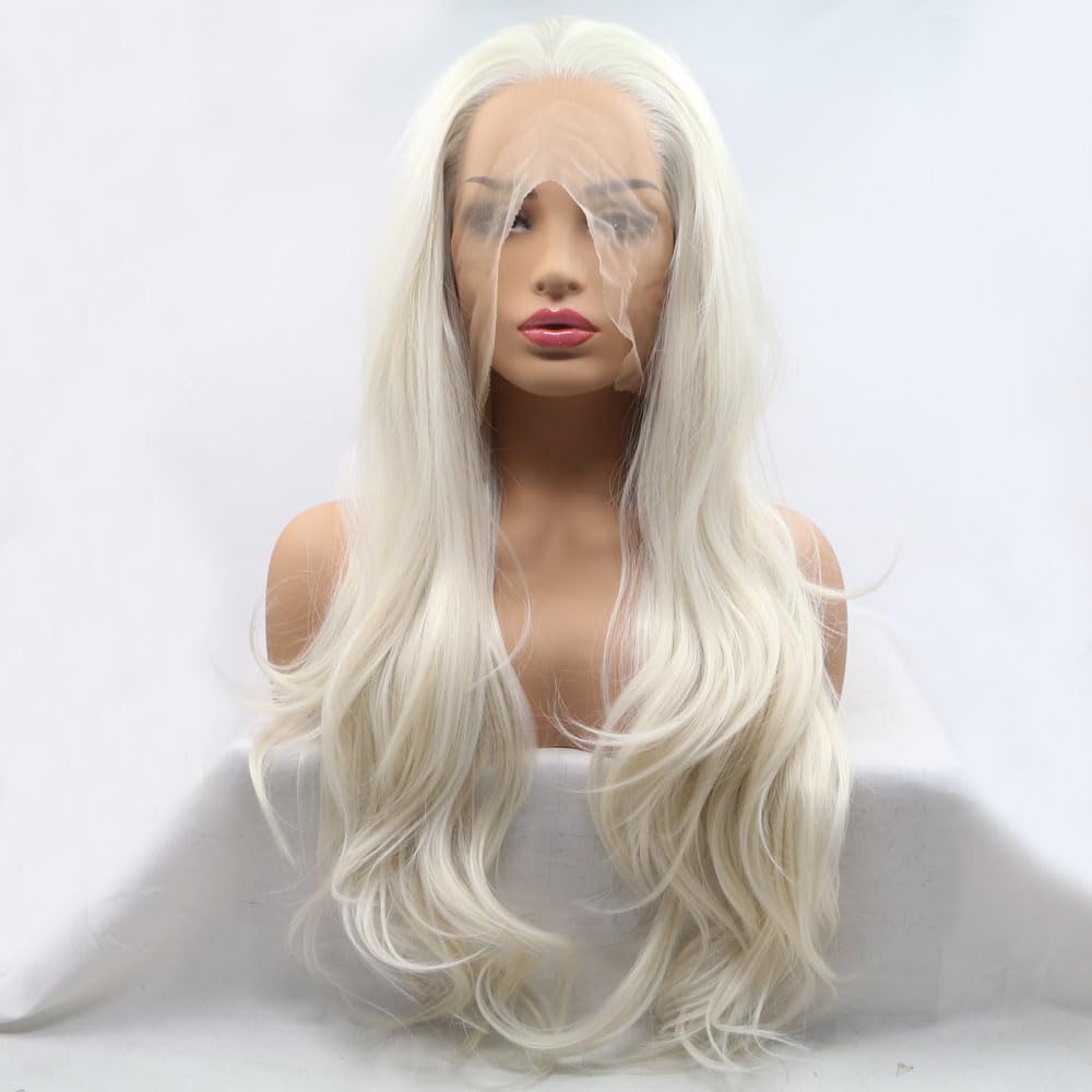 Xiweiya wigs Long Platinum Blonde Natural Wavy Wig 60# White Color Cosplay Hair Synthetic Lace Front Wig White Color wig with Heat Resistant Fiber for Women, Drag Queen Family Makeup Party 24 Inch