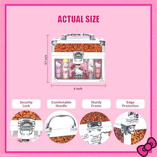 Hello Kitty Beauty Mini Train Case Set Includes Lip Gloss Tube, Lip Balm, Lip Gloss Compact for Girls,for Parties, Sleepovers, Ages 3+ by Townley Girl