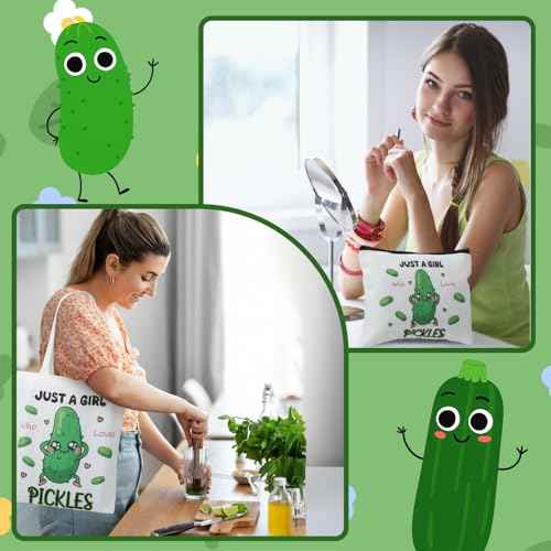 Pickle Gifts for Women - Pickle Lover Gifts Set Travel Cosmetic Bags Portable Reusable Canvas Tote Bag Funny Novelty Gag Socks Stickers Christmas Gifts for Teen Girls