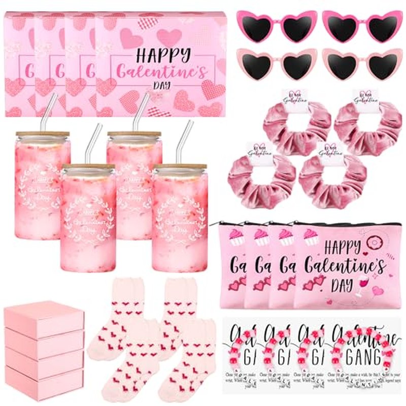 Abbylike 40 Pcs Galentine's Day Gift Include Gift Box Glass Cup Makeup Bags Plush Socks Greeting Cards Velvet Hair Scrunchies Bracelets Sunglasses for Women Friend Bestie Valentine Party Favors