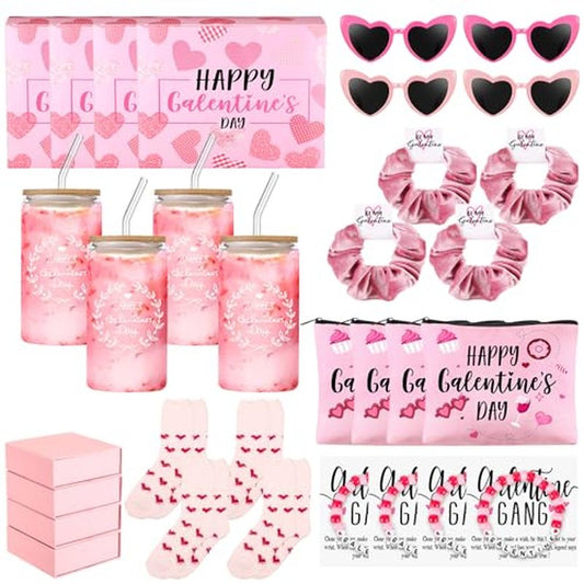 Abbylike 40 Pcs Galentine's Day Gift Include Gift Box Glass Cup Makeup Bags Plush Socks Greeting Cards Velvet Hair Scrunchies Bracelets Sunglasses for Women Friend Bestie Valentine Party Favors
