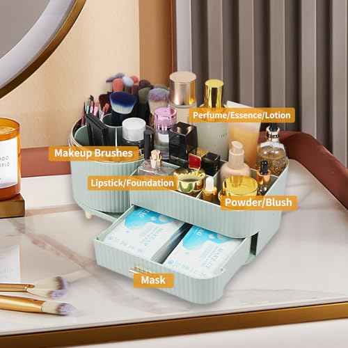 Makeup Organizer Countertop with Drawer 360 Rotating Brush Holder Storage Large Capacity Skincare Cosmetic Display Cases for Vanity Bathroom Desktop, Model 3016 Green