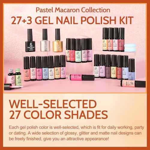 Lavender Violets 30pcs Gel Nail Polish Set 27 Shiny Candy Colors with Base and Glossy & Matte Top Coat for Home Nail Art Design DIY Gift Set C974