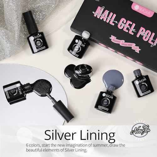 UR SUGAR Black White Gel Nail Polish Set, 6 Colors Black White Grey Gel Polish Black Glitter Sliver Glitter Nail Polish Set for All Seasons Soak Off Gel Nail Manicure Gifts Set for Women