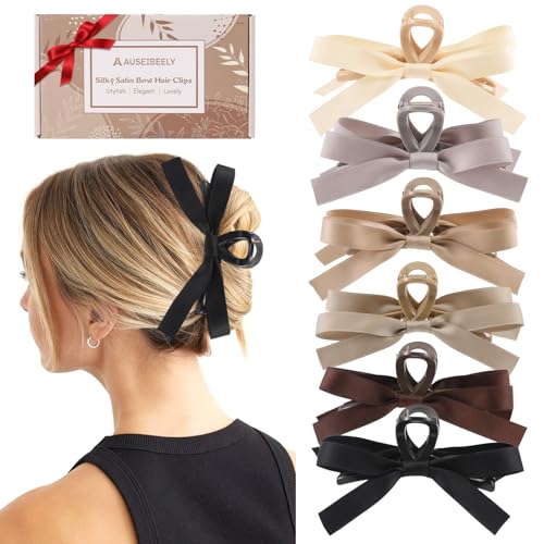 Auseibeely 6 PCS Silky Satin Bow Hair Clips, Non-Slip Clips for Thin and Thick Hair, Bows for Women, Girls, Weddings, and Bridesmaids