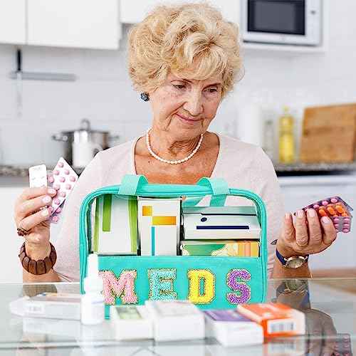 Geetery Chenille Letter Bag, Preppy PVC Nylon Makeup Portable Cases Preppy Patch with Zipper Cosmetic Clear Travel Toiletry Storage Bag for Women(Green,Novel Meds)