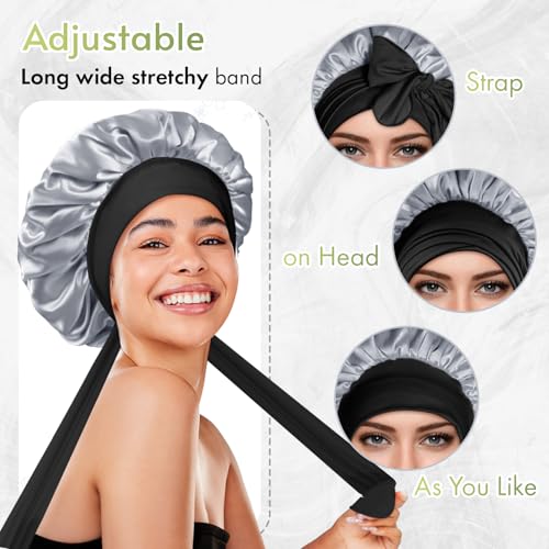 BONNET QUEEN Silk Bonnet for Sleeping Satin Bonnet with Tie Hair Wrap Double Layer Sleep Cap for Women Curly Hair, Black Silver