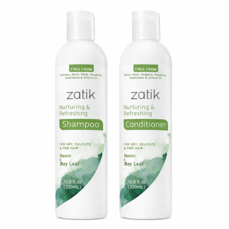 Zatik Naturals - Nurturing and Refreshing Shampoo + Conditioner Set, with Neem & Bay Leaf for Dry, Fine, Delicate Hair - Biodegradable, pH Balanced, Sulfates & Phthalates Free, 2x10.8oz (One of Each)