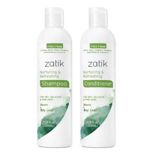 Zatik Naturals - Nurturing and Refreshing Shampoo + Conditioner Set, with Neem & Bay Leaf for Dry, Fine, Delicate Hair - Biodegradable, pH Balanced, Sulfates & Phthalates Free, 2x10.8oz (One of Each)
