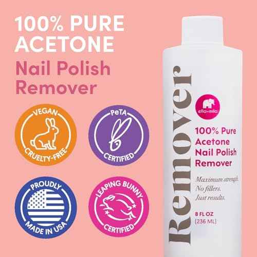 Ella+Mila 100% Acetone Nail Polish Remover - Pure Acetone Fingernail Polish Remover for Removal of Glue, Gel, Acrylic - 8oz