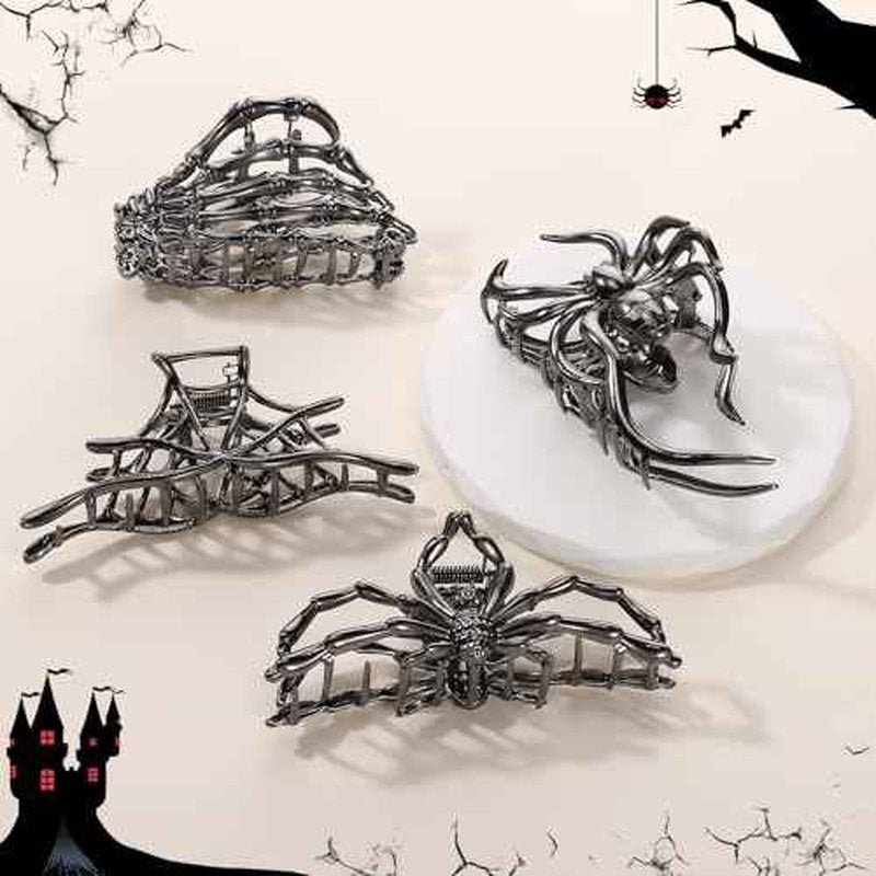Obeoby 4 Pcs Metal Hair Clips for Women, Large Hair Claw Clips for Thick Long Hair Styling with Spider Webs Skeleton Decor, Goth Accessories Stocking Stuffers Halloween Christmas Gifts (Black)