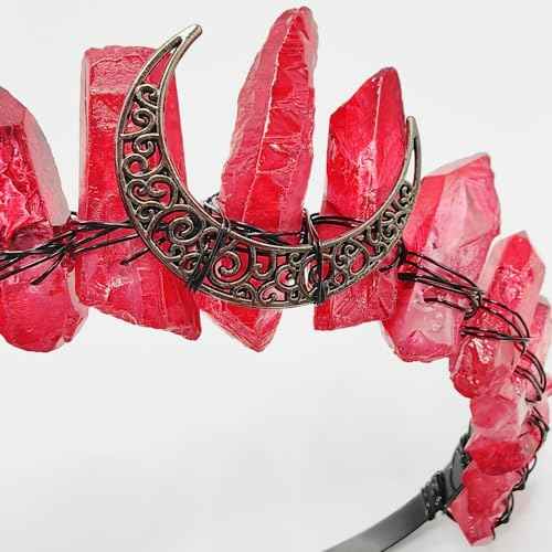 Bubbmi Red Raw Crystal Crown Headband, Natural Quartz Rhinestone Tiara Headpiece for Women Girls Christmas Party Photography Prop