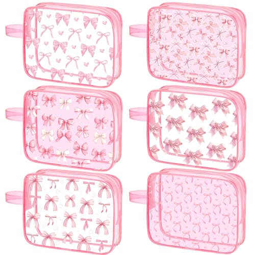Kacctyen 6 Pcs Coquette Pink Bow Makeup Bags Gifts Accessories for Cosmetic Bags Pink Bow Gift Clear PVC Cheer Case Toiletry Zipper Pouch Waterproof Travel Toiletry Handbag Purses Organizer for Women