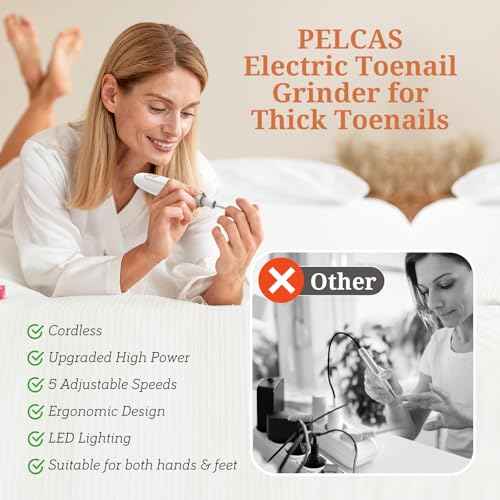 PELCAS Electric Toenail Grinder for Thick Toenails, 5 Speeds Manicure and Pedicure Kit, Cordless Nail Drill with LED Light, Electric Nail File for Human, Pet, Thick Toenails, Natural & Acrylic Nails