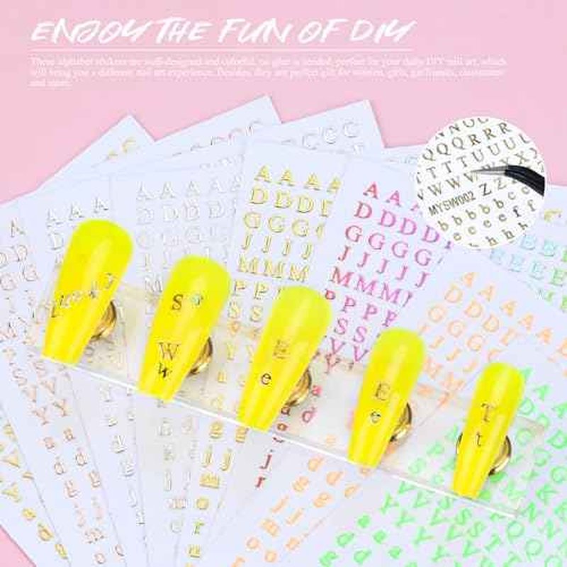 12 Sheets Alphabet Nail Art Stickers 3D Black White Gold Nail Letter Stickers Large Small Self-Adhesive English Nail Decals Manicure Accessories for Women Girls DIY Nail Art Design