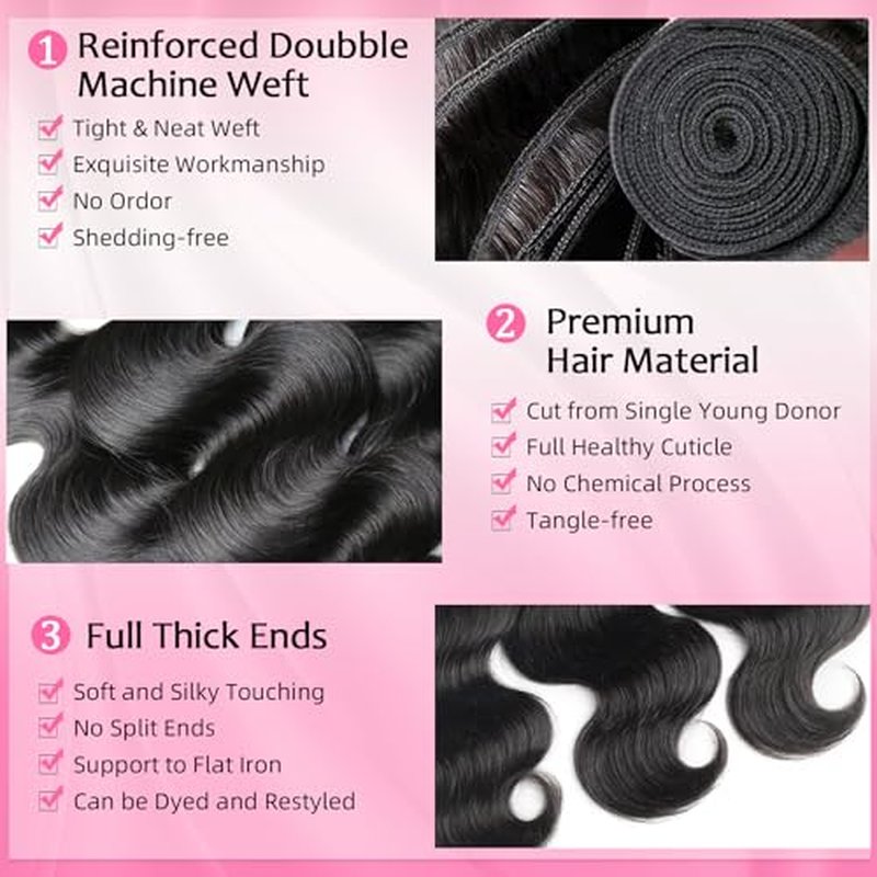 Body Wave Bundles Human Hair 12A Human Hair Bundles 10 12 14 Inch Brazilian Virgin Hair Extensions 100% Unprocessed Human Hair Body Wave 3 Bundle Natural Color
