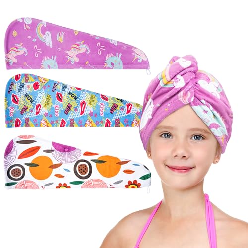 ELLEWIN Microfiber Hair Drying Towels for Kids, 3 Pack Wet Hair Towel Wrap Turban for Girls Children Women, Quick Dry Twisty Hair Towels Wrap for Curly Long Thick Hair Anti Frizz