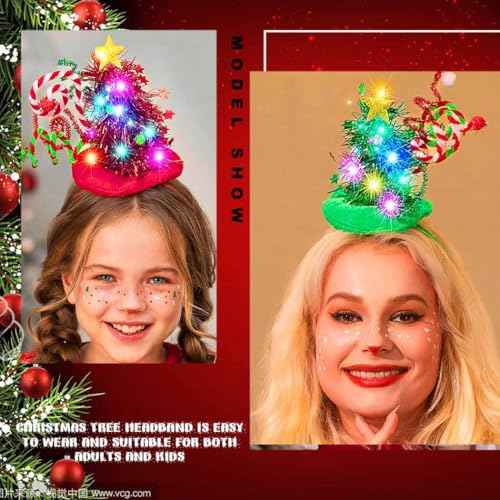 Catery Christmas Tree Headbands Led Christmas Headband Xmas Elf Hair Band Holiday Hairband Hair Accessories for Women Kids