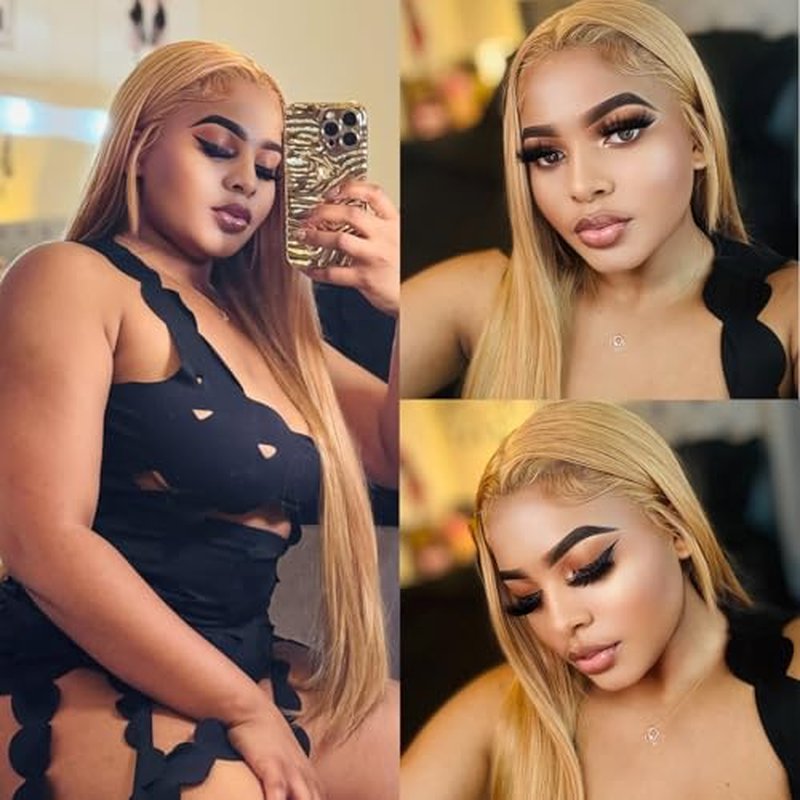 SOKU 13x6 Strawberry Honey Blonde Lace Front Wigs,32 Inch Long Straight Synthetic Hair with Pre Plucked Hairline,Free Part Silky Straight Glueless Lace Frontal Wig for Women Beginner Friendly