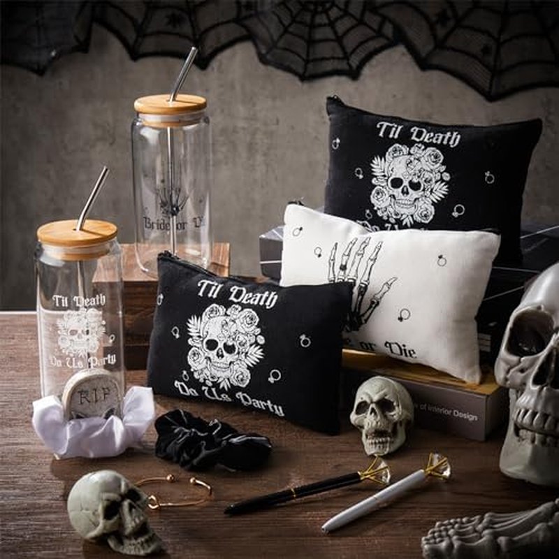 Hushee 30 Pcs Bride or Die Bachelorette Party Supplies Till Death Bridesmaids Gifts 16 oz Glass Cup Makeup Bag Scrunchy Knotted Bracelet Diamond Pen for Gothic Halloween Bridal Shower Wedding Supplies