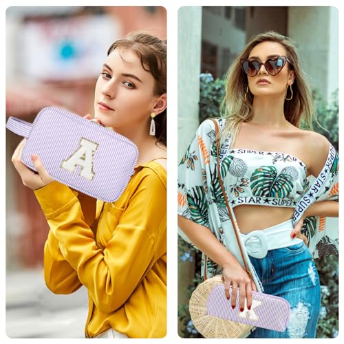 2pcs Personalized Initial Makeup Bag A-Z, Travel Toiletry Bag Preppy Make Up Bags Girls Cute Cosmetic Pouch Makeup Organizer Wedding Birthday Mothers Day Gifts for Women (Purple, V)