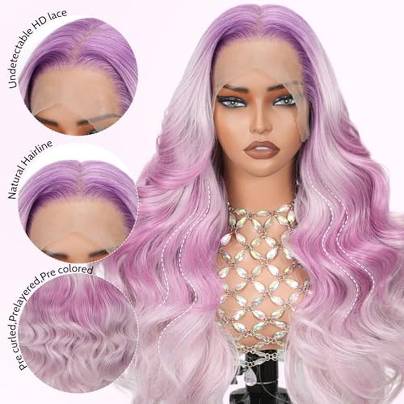 Pink and Purple Ombre Lace Front Wig, 13x6 Glueless Body Wave Human Hair Wig with HD Transparent Lace, Pre Plucked & Baby Hair