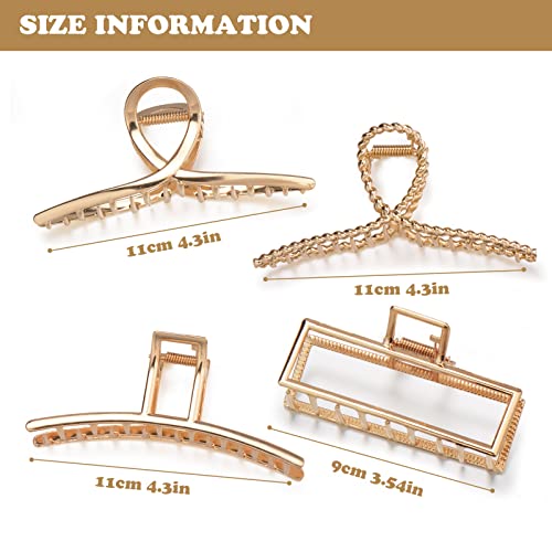 4 Pack Large Metal Hair Clips for Thin to Thick Curly Hair, 4.3 Inch Big Nonslip Gold Color Clamps, Perfect Fashion Jaw Claw Hair Styling Accessories for Women and Girls, Christmas Gifts