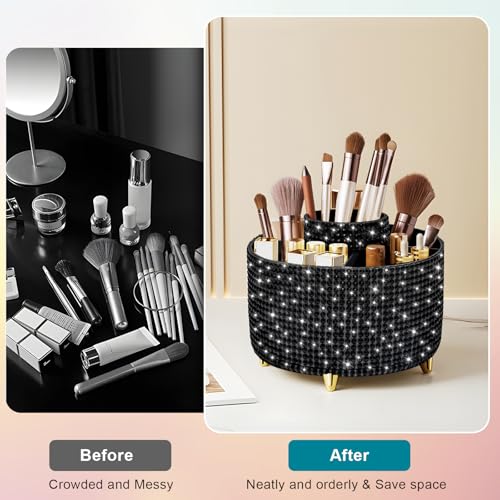 Diesisa Bling Diamond 360¡Æ Makeup Brush Holder Organizer, Rotating Makeup Brush Organizer,5 Slot Make up Brushes Cup for Cosmetics, Vanity Desktop Organizer, Gift for Women Teen Girls- Diamond Black