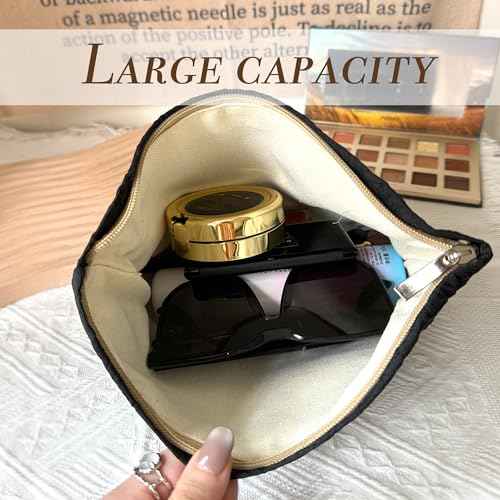 Makeup Bag Cosmetic bag Preppy Embroidery Canvas Toiletry Bag for women Cute zipper pouch Organizer Travel accessories (Pure Black Embossing, Large)