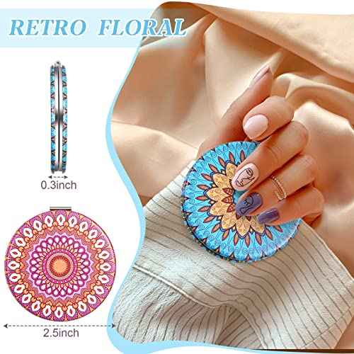 Mandala Design Pocket Mirror Mini Travel Makeup Purse Compact Accessories Beauty Magnifying Double Sides Pocket Mirror Portable Handheld Folding PU Leather Supply for Women(12 Pieces)